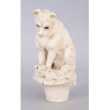 A GOOD QUALITY JAPANESE MEIJI PERIOD IVORY CANE HANDLE, carved in the form of a dog holding down a