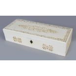 A FINE QUALITY 19TH CENTURY CHINESE CANTON RECTANGULAR IVORY BOX, the hinged cover carved with a