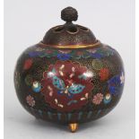 A JAPANESE MEIJI PERIOD CLOISONNE TRIPOD KORO & COVER, decorated with a variety of shaped panels,