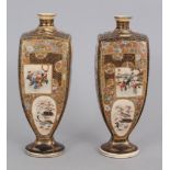 A PAIR OF GOOD QUALITY SIGNED JAPANESE SQUARE SECTION SATSUMA EARTHENWARE VASES, each painted with a