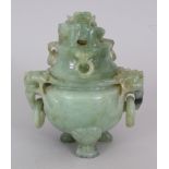A 20TH CENTURY CHINESE GREEN JADE TRIPOD CENSER & COVER, with loose ring handles, 5in wide including
