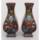 A GOOD PAIR OF SQUARE SECTION JAPANESE MEIJI PERIOD CLOISONNE VASES, each decorated with a variety