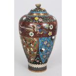 A JAPANESE MEIJI PERIOD CLOISONNE VASE & COVER, decorated with dependant lappet panels, the