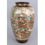 A LARGE JAPANESE MEIJI PERIOD SATSUMA EARTHENWARE VASE, painted with two figural panels, the base