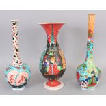 Three Kutahya Vases, Turkey, 20th century, each with brightly coloured underglaze decoration,