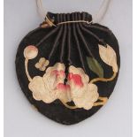 A 19TH/20TH CENTURY CHINESE EMBROIDERED SILK PURSE, with four attached tassels, the purse itself