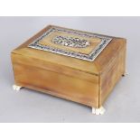 A 19TH CENTURY ANGLO INDIAN VIZAGAPATAM STYLE HORN & IVORY RECTANGULAR BOX, with hinged cover, paw