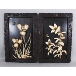 A PAIR OF JAPANESE MEIJI PERIOD WOOD FRAMED & IVORY ONLAID LACQUERED WOOD RECTANGULAR HANGING