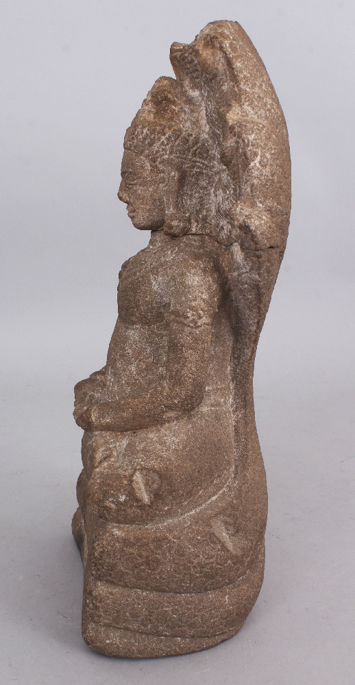 A Khmer Style Sandstone Figure of Buddha Seated under Mucalinda, seated in sattvasana on the - Image 4 of 6