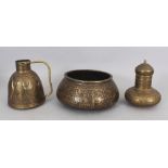 Three Brass Vessels, Persia, circa 1900, comprising a jar with domed lid, a squat bowl and a jug,