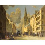 Richard Forsyth (1930-1997) British. Glasgow Musical College, with Figures and Horses and Carts, Oil