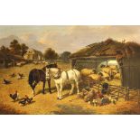 After John Frederick Herring (1815-1907) British. A Farmyard Scene with Horses, Chickens and