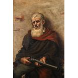 19th Century European School. A Seated Man holding a Blunderbuss, Oil on Canvas, 38.5" x 26.5".