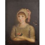 Early 19th Century American School. A Primitive Portrait of a Young Girl wearing a Pale Green