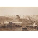 19th Century Continental School. A Topographical Shipping Scene by a Harbour, with a Mountainous