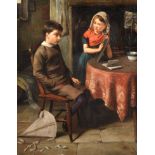 J...W...Smith (19th Century) British. 'The Reluctant Pupil', Interior of a Cottage with Two Young