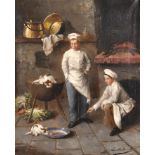 Alfred Arthur Brunel de Neuville (1852-1941) French. A Kitchen Interior with Two Young Chefs playing