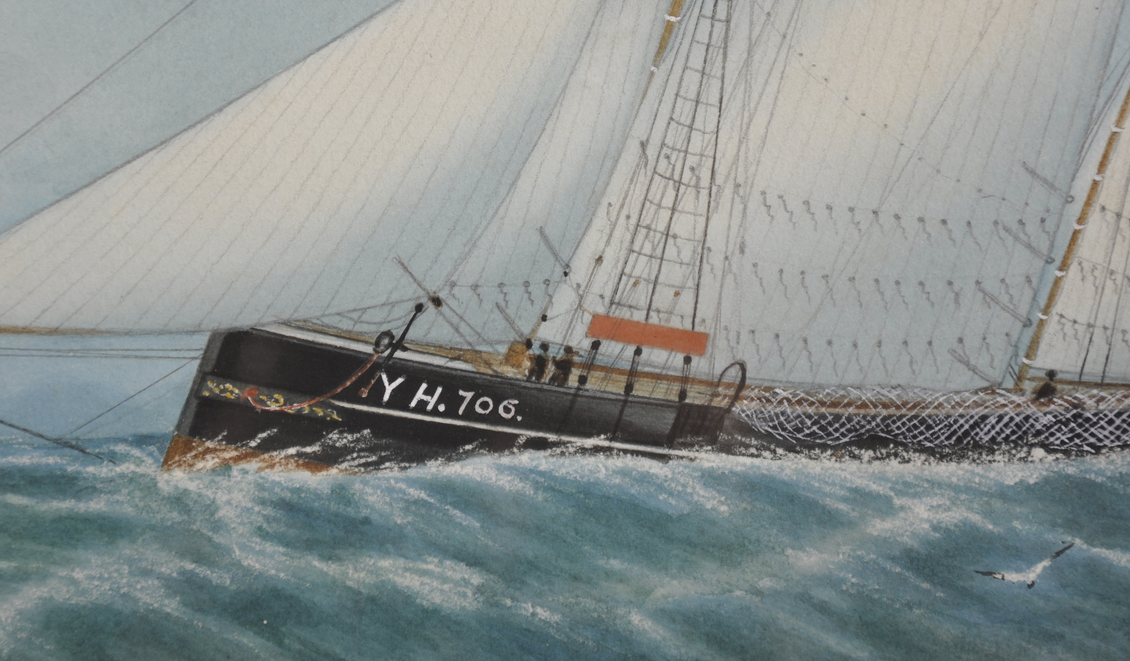 19th Century English School. A Seascape with Yarmouth Fishing Trawlers Racing, Watercolour and Mixed - Image 4 of 5