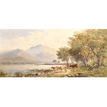 John Carlisle (act.1866-1916) British. Cattle Watering at a Lake with Mountains in the distance,