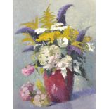 20th Century English School. Still Life of Summer Flowers in a Red Vase, Oil on Board, Unframed,