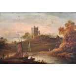 18th Century English School. A River Landscape with Figures and Boats, a Church in the distance, Oil