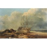 John James (Jock) Wilson (1818-1875) British. A Beached Four Masted Vessel with Figures by a