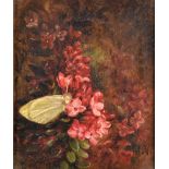 19th Century English School. A Butterfly on Blossom, Oil on Board, Signed with Initials 'M.V.', 4" x