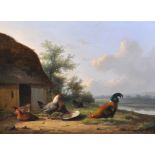 Cornelis Van Leemputten (1841-1902) Dutch. Chickens Feeding by a Thatched Barn, Oil on Panel, Signed