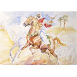 20th Century European School. A Middle Eastern Man on Horseback Holding a Hunting Bird, with a Dog