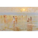 Roy Petley (1951- ) British. Figures and Dogs Wading on a Beach at Sunset, Oil on Board, Signed, 12"