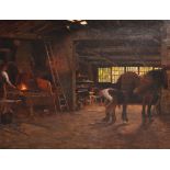 19th-20th Century English School. A Blacksmith Working on a Horse in a Workshop, with another