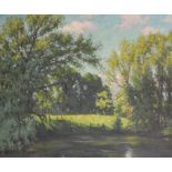 Rudolph Onslow-Ford (c.1880-?) British. Trees by a Pond in Sunshine, Oil on Canvas, Signed with