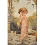 Adolphe Dechenaud (1868-1929) French. An Elegant Young Lady in a Garden, wearing a Pink Dress and