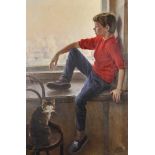 20th Century English School. Study of a Young Boy, seated on a Windowsill looking into a Winter