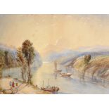 19th Century English School. An Italianate Mountainous River Landscape, with Figures in the