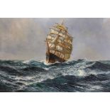 Daniel Sherrin (1868-1940) British. A Three Mast Clipper in Heavy Waters, Oil on Canvas, Signed,