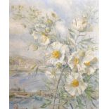 Elise Bye-Rawson (20th Century) British. Daisies, with possibly Newlyn Harbour View beyond, Oil on