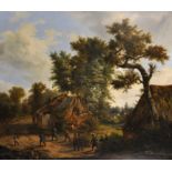 19th Century Belgian School. Soldiers Marching for a Press Gang by a Thatched Barn, Oil on Panel,