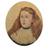 19th Century English School. Portrait of a Girl wearing a White Dress with a Red Ribbon in her Hair,