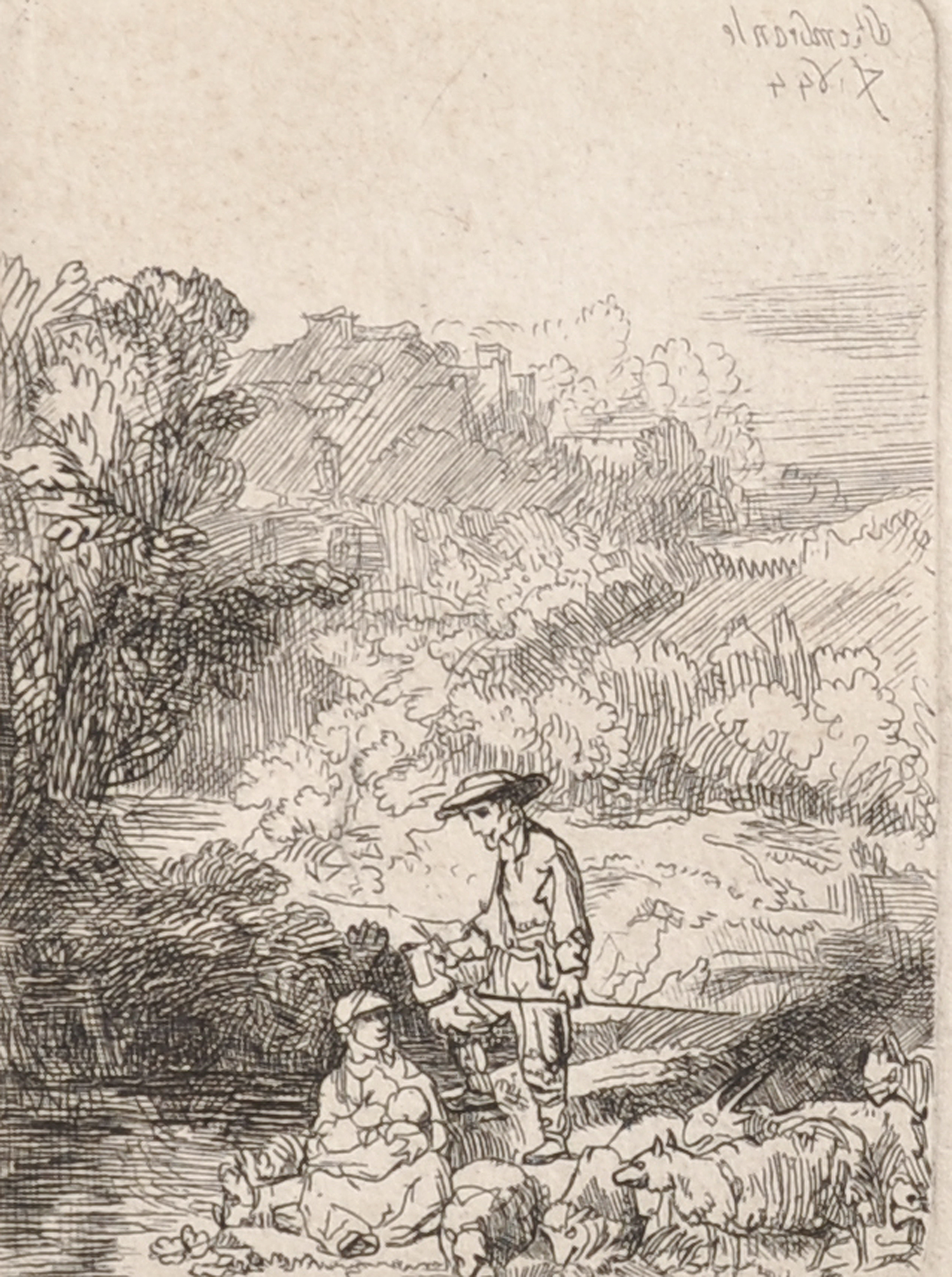 After Rembrandt van Rijn (1606-1669) Dutch. Figures in a River Landscape, a reverse Etching, 3.75" x