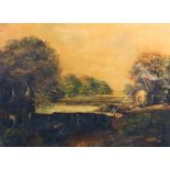 19th Century English School. A Cottage by a Lock, with a Figure Fishing, Oil on Canvas, Unframed,