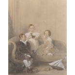 W...Moore (19th Century) British. Portrait of Three Young Children with a Kitten and Toys at their