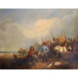 William Shayer (1788-1879) British. 'Unloading the Catch', a Beach Scene with Beached Fishing