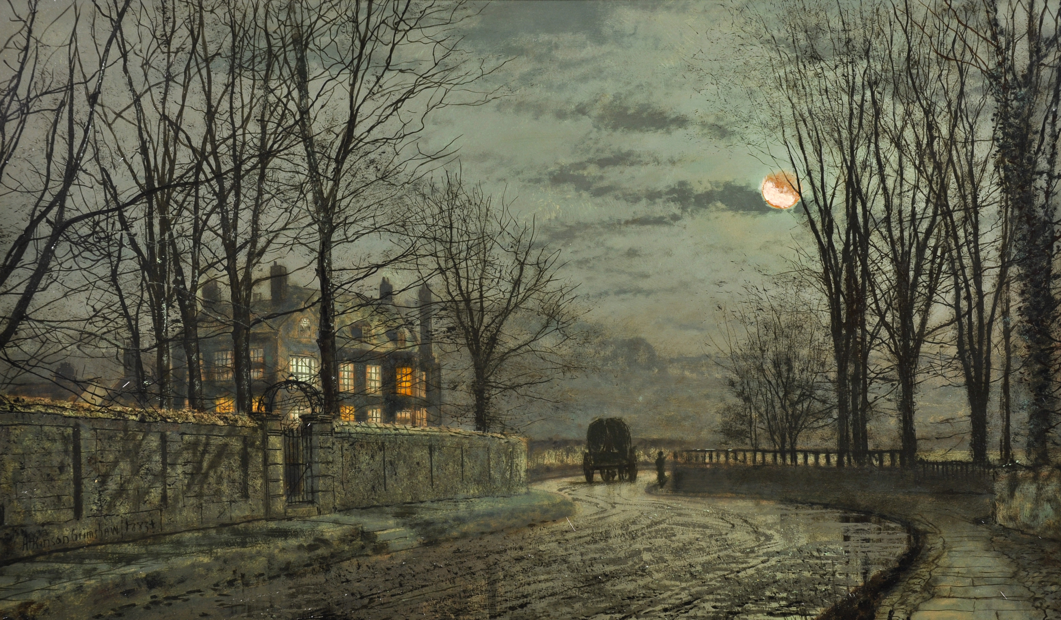 John Atkinson Grimshaw (1836-1893) British. 'A Lane By Moonlight, with a Covered Wagon and a Lady