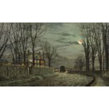John Atkinson Grimshaw (1836-1893) British. 'A Lane By Moonlight, with a Covered Wagon and a Lady