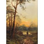 William Foster (1853-1924) British. A Surrey Landscape with Shepherd and Flock at Dusk, Oil on