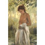 Roy Petley (1951- ) British. "Girl by a Woodland Pool", A Semi Naked Young Lady by the Water's Edge,