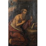 17th Century Italian School. Saint Jerome in the Wilderness, in a Stripped Wooden Frame, Oil on