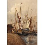 John Moore of Ipswich (1820-1902) British. "Ipswich Docks", Boats in the Harbour with Figures and
