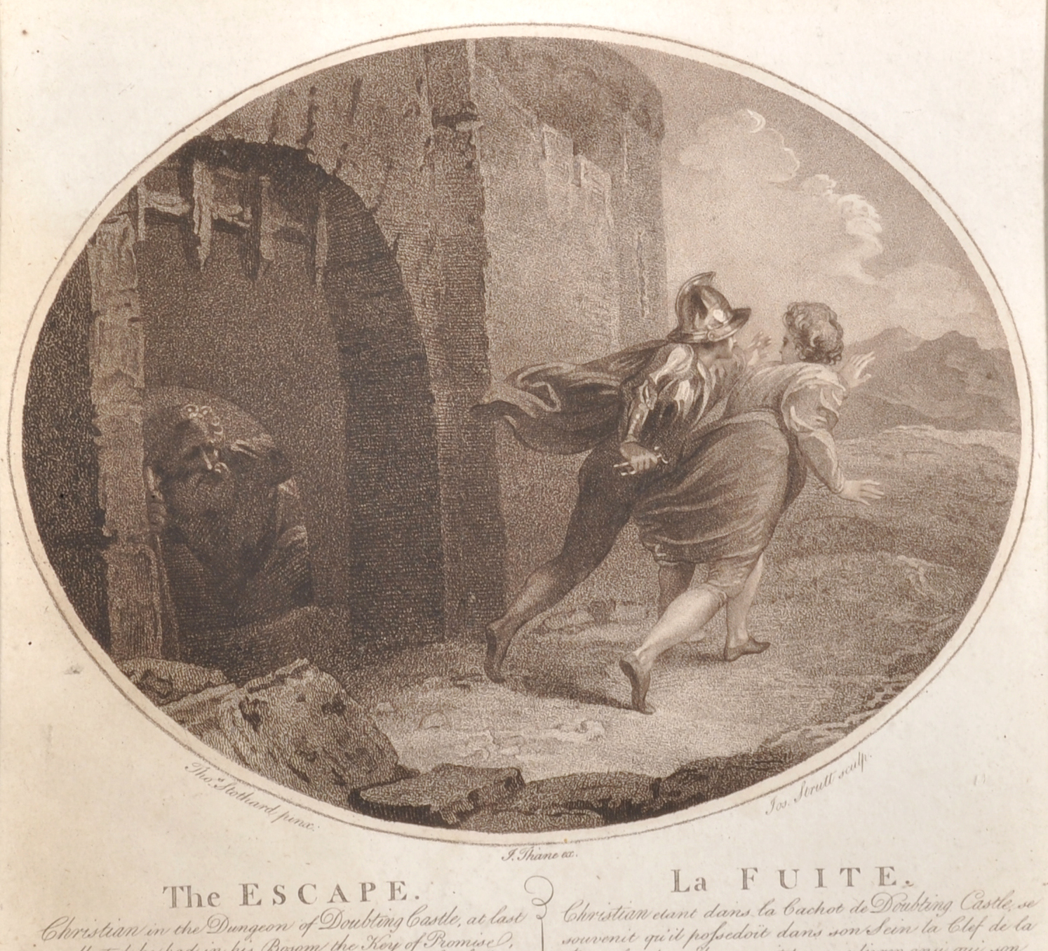 After Thomas Stothard (1755-1834) British. "The Escape", Engraving, Oval, with Verre Eglomise, 6.25"